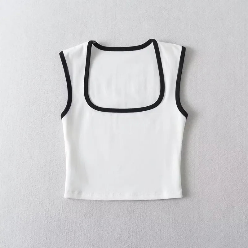 Woman Fashion Slim Solid Casual Sleeveless Tanks Square Collar Crop Tops Clothing Streetwear Mujer 2024 Y2k