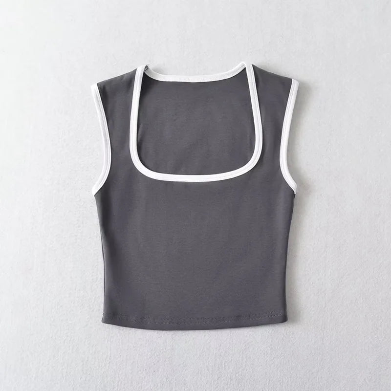 Woman Fashion Slim Solid Casual Sleeveless Tanks Square Collar Crop Tops Clothing Streetwear Mujer 2024 Y2k