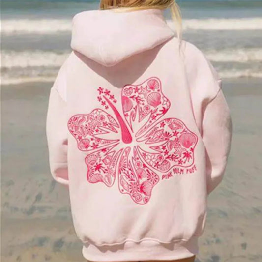 2025 Women Fashion PINK PALM PUFF Hoodies Embroidery Sweatshirt Harajuku Loose Clothes Fleece Warm Comfortable Hoodie Autumn Top